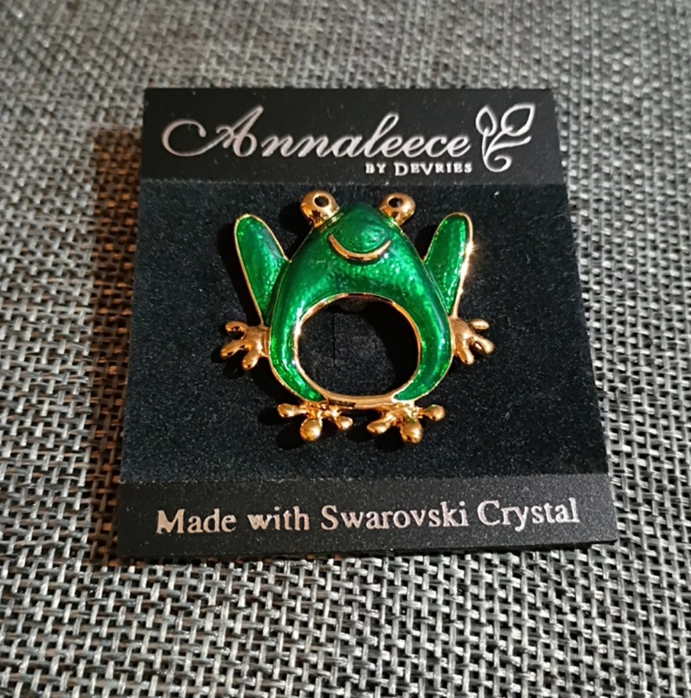 Annalee Green and Gold Frog Brooch with Crystal Accents
